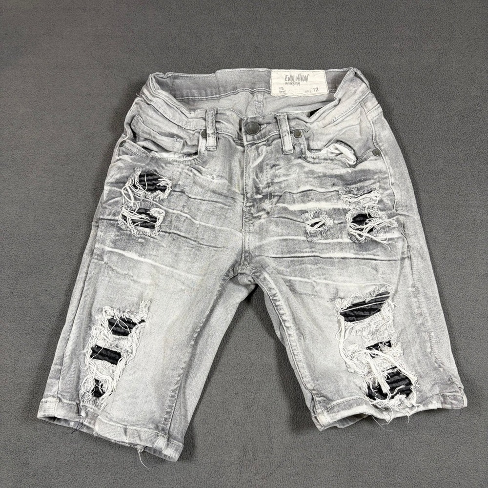 Evolution In Design Jean Shorts Boys Size 12 Gray Distressed Biker Moto Denim